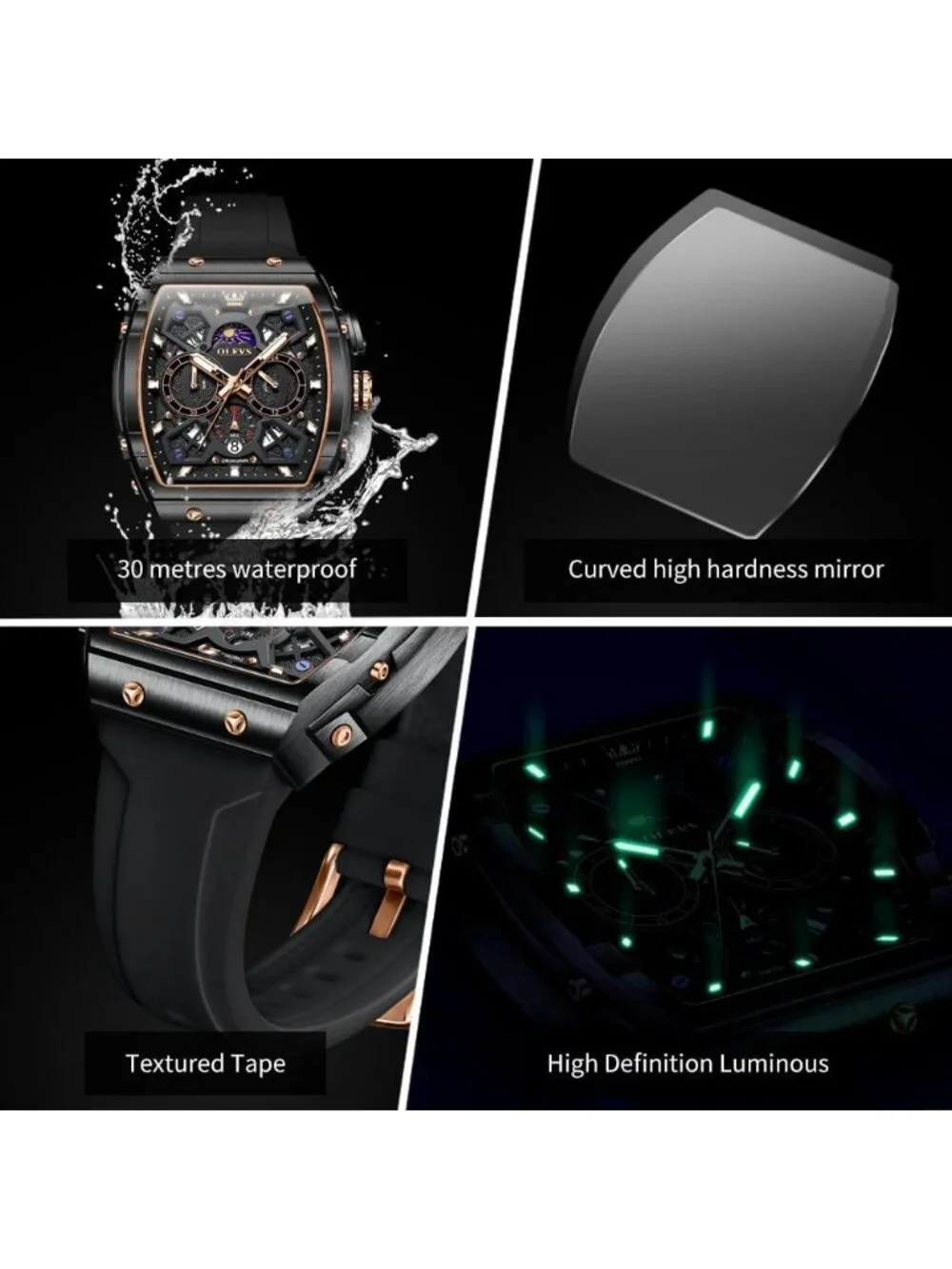 Mens All Black Chronograph Waterproof Rectangle Moon Phase Luminous Quartz Watch
